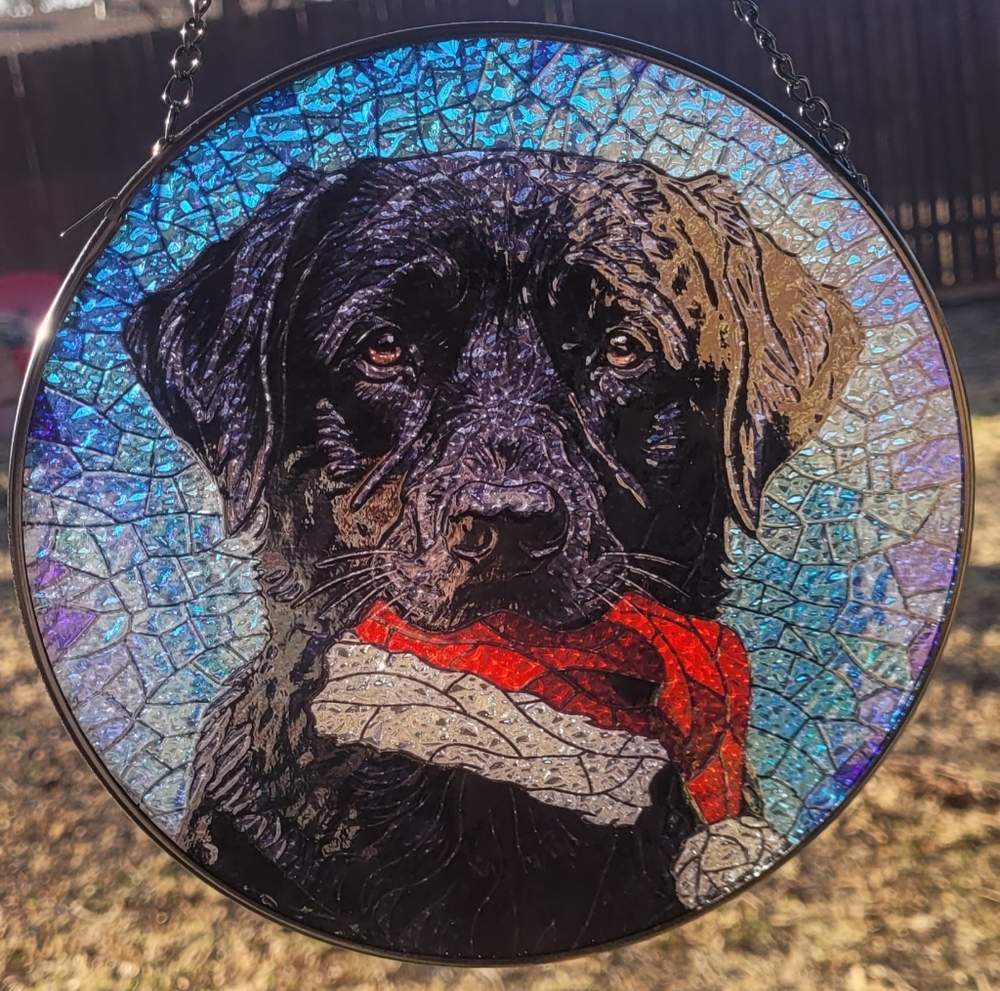 Stained Glass Black Lab Dog Carrying A Santa Hat, Suncatcher, 7 3/4"